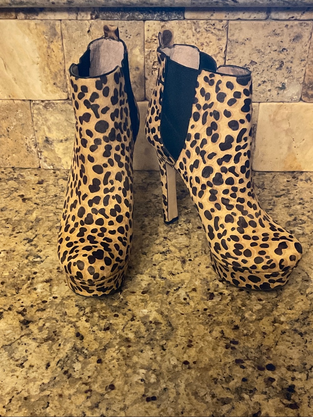 Vince Camuto Leopard Print Platform Ankle Boots in Tan and Black